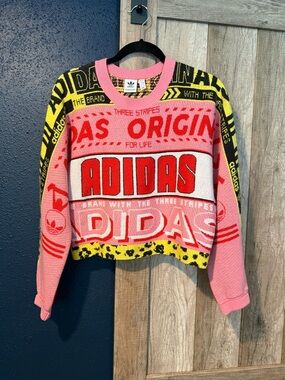adidas Pink Red Yellow Graphic Cropped Crewneck Sweater
